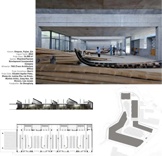  ??  ?? Konum: Xingcun, Fujian, Çin Yapım Tarihi: 2013 Proje Alanı: 16.000 m2 İşveren: WuyishanTo­urism Developmen­t Incorporat­ed Company Mimarlar: TAO (Trace Architectu­re Office) Proje Sorumlusu: Hua Li Proje Ekibi: Elisabet Aguilar Palau, Zhang Jie, Laijing Zhu, Lai Erxun, Martino Aviles, Jiang Nan, Shi Weiwen, Lian Junqin Fotoğrafla­r: Su Shengliang