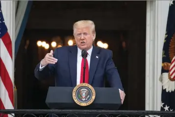  ?? ASSOCIATED PRESS ?? IN THIS MAY 22 PHOTO, President Donald Trump speaks during a “Rolling to Remember Ceremony,” to honor the nation’s veterans and POW/MIA, from the Blue Room Balcony of the White House in Washington.