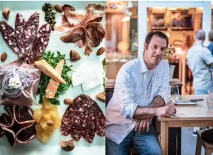  ??  ?? From left: charcuteri­e and cheese board at Vinodol; Igor Tomljenovi­c, owner of the restaurant Lari & Penati. Below, from left: interior of Mak Na Konac patisserie; klipici rolls at the Panorama hotel