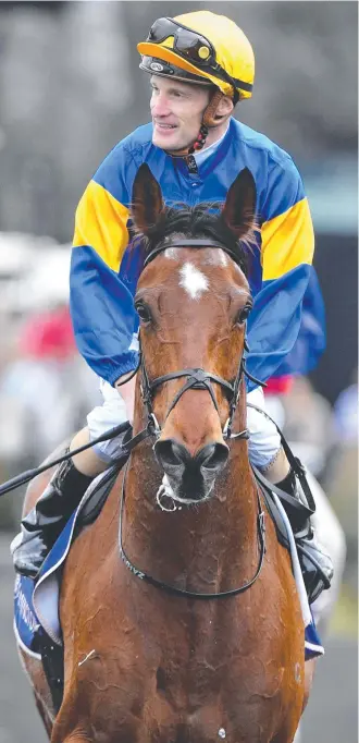  ??  ?? SPRINT SENSATION: Jockey Mark Zahra riding Santa Ana Lane after finishing second in the Gilgai Stakes at Flemington Racecourse this month. Picture: AAP