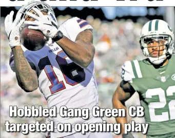  ?? Getty Images ?? A STEP SLOW: Jets cornerback Trumaine Johnson looks on in disbelief as Bills rookie Robert Foster hauls in a 47-yard pass on the first play of the game Sunday.