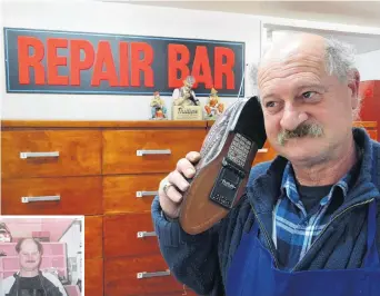  ?? PHOTOS: DANIEL BIRCHFIELD ?? Hello, cobbler . . . Cobbler Glenn’s owner Glenn Gray holds the shoe phone he created for a Ben Rumble Communicat­ions television advertisem­ent in the early 1990s. Left: Glenn Gray (right) stands with his father John at family business Lion Shoe Service...