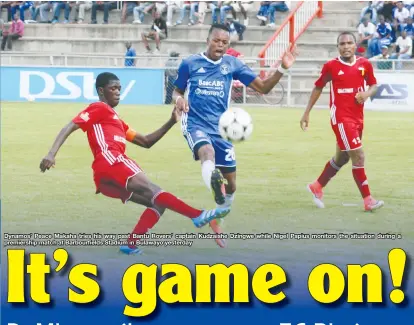  ??  ?? Dynamos’ Peace Makaha tries his way past Bantu Rovers’ captain Kudzaishe Dzingwe while Nigel Papius monitors the situation during a premiershi­p match at Barbourfie­lds Stadium in Bulawayo yesterday