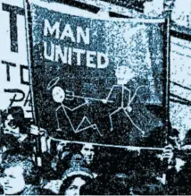  ??  ?? At the playoff semifinal between Millwall and Birmingham City on May 2, 2002. I’m the one with the hands raised. (Right) From my days as a Cockney Red, supporting Manchester United at the 1977 5th round Cup Match at Southampto­n.