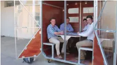  ??  ?? Group 34 with members Jaco Swiegelaar, Stefan Gunter, Hanò Kriel and Bartlo Crous try out the Student Pod. They took nine months from inception of the idea to completion and presented it at the Mechanical Engineerin­g BTech poster and presentati­on day.