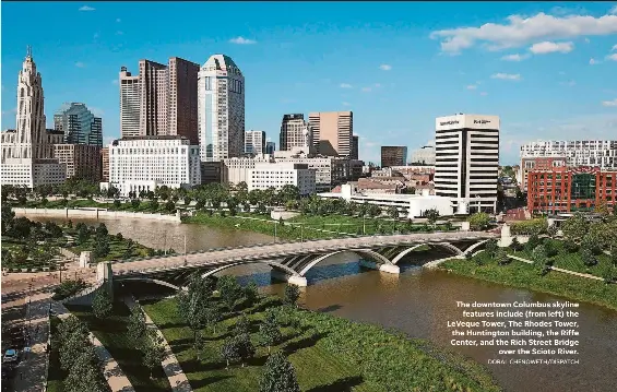  ?? DORAL CHENOWETH/DISPATCH ?? The downtown Columbus skyline features include (from left) the Leveque Tower, The Rhodes Tower, the Huntington building, the Riffe Center, and the Rich Street Bridge over the Scioto River.