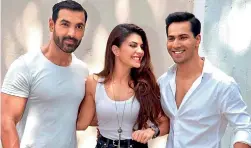  ??  ?? LANDING A KNOCKOUT PUNCH: ( left) Jacqueline Fernandez is all smiles as she poses with John Abraham and Varun Dhawan — her co- stars in Dishoom; ( right) romancing Salman Khan in a scene from the superhit Kick