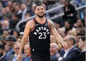  ?? CP PHOTO FRANK GUNN ?? Toronto Raptors guard Fred VanVleet (23) reacts during a break in play during second half NBA basketball action against the Cleveland Cavaliers in Toronto on Thursday.