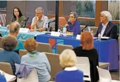  ?? LUIS SÁNCHEZ SATURNO/THE NEW MEXICAN ?? From left: Santa Fe school board candidates, Sarah Boses and John L. Triolo, District 2; Carmen Gonzales and incumbent Steven J. Carrillo, District 1, attend a Santa Fe League of Women Voters candidate forum last week at the Higher Education Center.