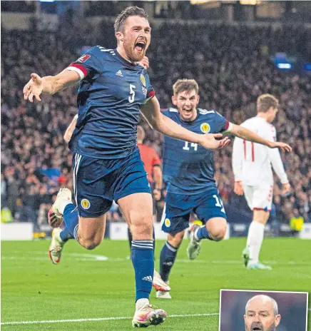  ?? ?? John Souttar celebratin­g after scoring against Denmark at Hampden.