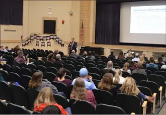  ?? PROVIDED PHOTO ?? Superinten­dent Jeff Simons providing background informatio­n about school start times at a community forum last week in the Genet Elementary School auditorium.