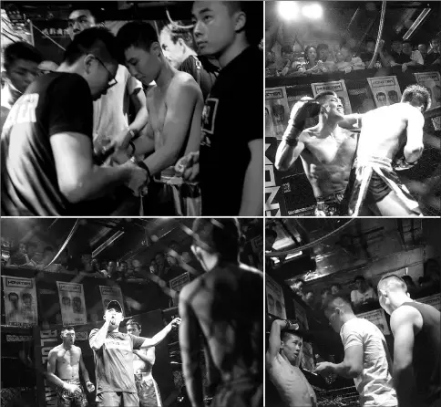  ??  ?? (Clockwise from top right) Every Friday night, fighters trade blows in a ring in the dimly lit Monster Club. • Resting during a break before slugging it out. • Introducin­g fighters to spectators at the club. • Helping a fighter to put his gloves at the...