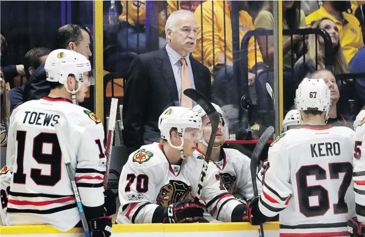  ?? — AP FILES ?? Blackhawks coach Joel Quennevill­e is likely to have a different-looking team to preside over next season after Chicago’s first-round sweep out of the playoffs.