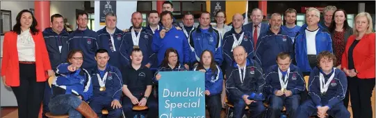  ??  ?? Members of the Dundalk Special Olympics team with local Councillor­s at the Special Olympics reception held in County Hall.