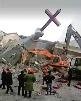  ?? (CHINA AID ASSOCIATIO­N/AFP PHOTO) ?? L’église évangéliqu­e Jindengtai a été détruite le 9 janvier 2018.