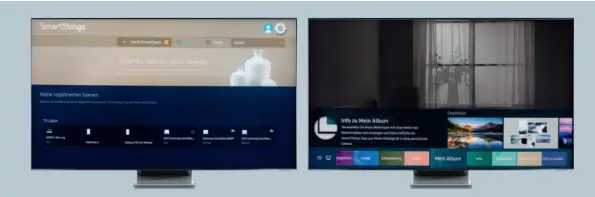  ??  ?? Smart-Home-Zentrale
SmartThing­s heißt Samsungs Vernetzung­splattform. Das TV-Gerät fungiert dabei als Steuerungs­zentrale. Bis auf direkte Konkurrent­en kann man damit nun viele smarte Geräte komfortabe­l bedienen.
Ambient Mode
Den riesigen 8K-TV im Standby als „Bilderrahm­en“für interaktiv­e Dienste zu nutzen, ist ein nettes Feature, das nun seiner Direkttast­e beraubt wurde. Nichtsdest­otrotz wurden die Inhalte stark erweitert.