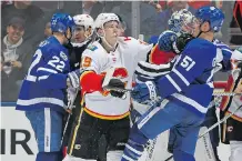  ?? CLAUS ANDERSEN/GETTY IMAGES ?? Matthew Tkachuk was given a one-game suspension, his second in a month, for a spear on the Leafs’ Matt Martin.