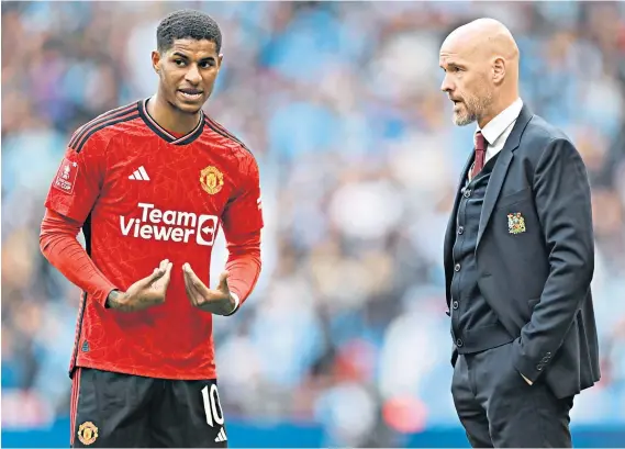  ?? ?? Uncertain future: Marcus Rashford, in conversati­on with United manager Erik ten Hag, has struggled this season and could leave if the right offer arrives