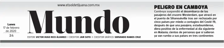  ??  ?? Lunes
EDITOR:
VICTOR HUGO RICO ÁLVAREZ
COEDITOR:
JAIR SOTO
COEDITOR
GRÁFICO:
SERVANDO RAMOS CRUZ
Camboya suspendió