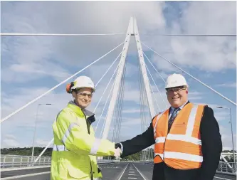  ??  ?? Leader of Sunderland Council, Coun Graeme Miller, right, with Project Manager of the Northern Spire, Duncan Ross-Russell, on the Northern Spire ahead of the opening.