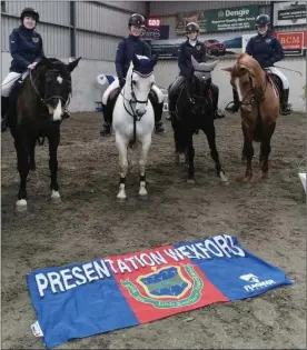  ??  ?? Ciara Moore, Lauren Reck, Elise Cahill and Emily Roche after winning prizes for the Presentati­on at Wexford Equestrian Centre.