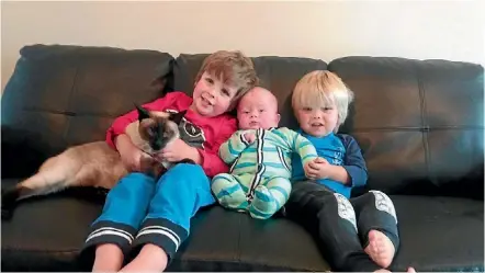  ?? PHOTO: SUPPLIED ?? Cleo back with her family, from left, Harrison, 4, Jackson, 4 months, and Marshall, 2, Collings.