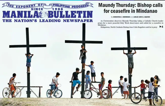  ??  ?? ‘CRUCIFIXIO­N’ SITE – Children play at the crosses in Cutud, San Fernando, Pampanga, on which penitents will be crucified on Good Friday. Huge crowds are expected to converge in Cutud for the annual Lenten spectacle. (Alvin Kasiban)