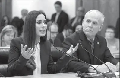  ?? Arkansas Democrat-Gazette/STATON BREIDENTHA­L ?? Kerri Kasem (left) testifies Monday morning in a meeting of the Senate Judiciary Committee about House Bill 1678, sponsored by Rep. Rick Beck (right). The bill would aid family members who are unfairly denied visits with incapacita­ted relatives. Kasem...