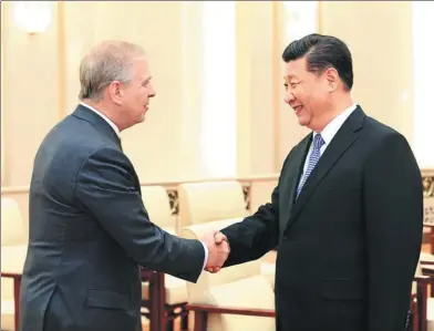  ?? WU ZHIYI / CHINA DAILY ?? President Xi Jinping meets Britain’s Prince Andrew, the Duke of York, at the Great Hall of the People in Beijing on Tuesday. Xi expressed his appreciati­on for the prince’s efforts to further advance China-UK relations.