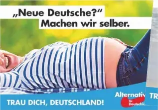  ??  ?? Slik profilerer AfD seg i den tyske valgkampen; F. v.: «Nye tyskere? Det lager vi selv.», «Burkaer? Vi liker bikinier bedre.» og «Fargerikt mangfold? Har vi allerede.» er noen av valgplakat­ene til AfD.