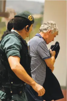  ?? Francisco Seco / Associated Press ?? Angel Maria Villar (right), head of the Spanish Football Federation, is led by policemen to federation headquarte­rs.