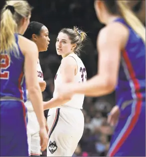  ?? Jessica Hill / Associated Press ?? UConn’s Katie Lou Samuelson during a break in the action against SMU on Wednesday night in Storrs.
