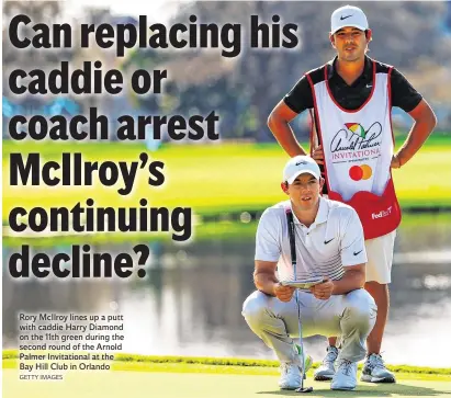  ?? GETTY IMAGES ?? Brian Keogh
Rory McIlroy lines up a putt with caddie Harry Diamond on the 11th green during the second round of the Arnold Palmer Invitation­al at the Bay Hill Club in Orlando