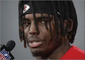  ?? CHARLIE RIEDEL - THE ASSOCIATED PRESS ?? FILE - In this Jan. 18, 2019, file photo, Kansas City Chiefs wide receiver Tyreek Hill talks to the media after a workout in Kansas City, Mo.