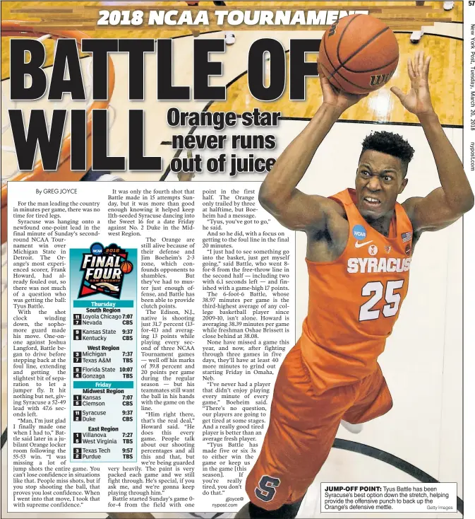  ?? Getty Images ?? JUMP-OFF POINT: Tyus Battle has been Syracuse’s best option down the stretch, helping provide the offensive punch to back up the Orange’s defensive mettle.