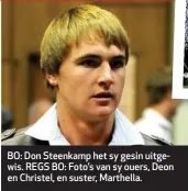  ??  ?? BO: Don Steenkamp het sy gesin uitgewis. REGS BO: Foto’s van sy ouers, Deon en Christel, en suster, Marthella.