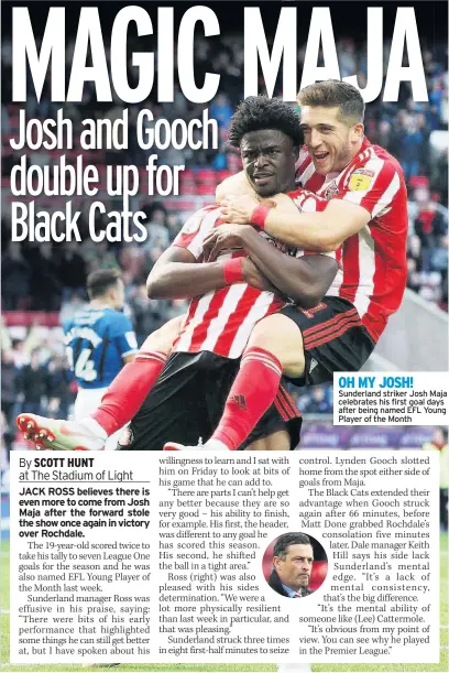  ??  ?? OH MY JOSH! Sunderland striker Josh Maja celebrates his first goal days after being named EFL Young Player of the Month