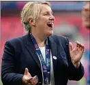  ?? ?? Celebratio­n time: Chelsea Women boss Emma Hayes after their FA Cup victory