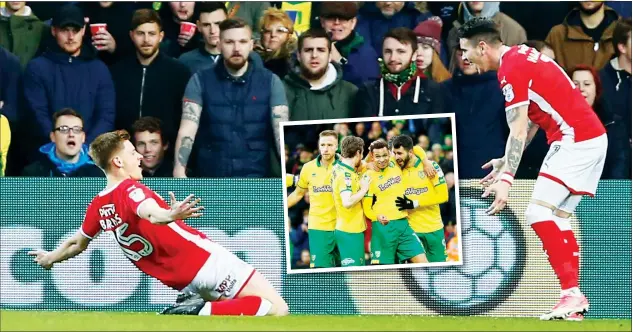  ?? PICTURES: PSI/Phil Chaplin ?? KNEE WORRIES: Harvey Barnes celebrates his goal for Barnsley and, inset, Josh Murphy is congratula­ted by Norwich team-mates after netting