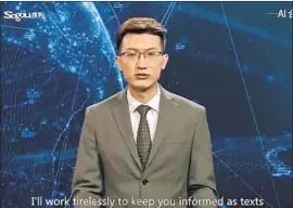  ?? New China News Agency via Twitter ?? THE AI ANCHORS are modeled on real journalist­s at the agency, Qiu Hao and Zhang Zhao, and show some human expression­s but lack an emotional element.