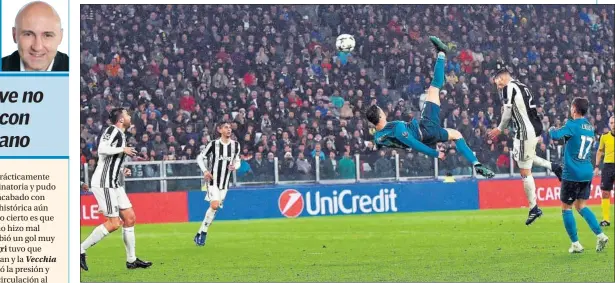  ??  ?? VUELO SIN MOTOR. Cristiano se elevó 2,23 metros para ganarle la partida a De Sciglio y batir a Buffon: un gol para la historia del Madrid.