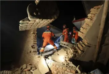  ?? Chinatopix via AP ?? Rescuers work on the rubble of a house that collapsed Tuesday in an earthquake in Kangdiao village of Jishishan county in northweste­rn China's Gansu province.