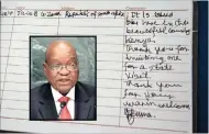  ?? PICTURES: AP / GCIS ?? The greeting President Jacob Zuma, inset, wrote in a visitors’ book on his visit to Kenya this week.