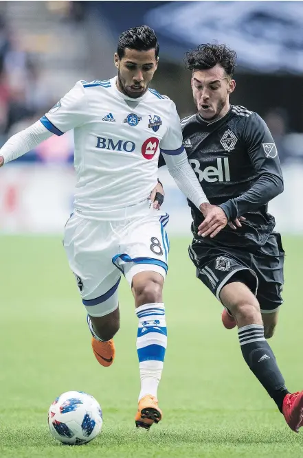  ?? — CP FILES ?? Whitecaps midfielder Russell Teibert, right, has seen his playing time steadily diminish since logging 2,000 minutes in 2014, but has seen the field a lot in the team’s first two games this season.