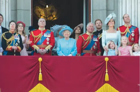  ??  ?? Le 9 juin 2018, sur le fameux balcon du palais, la famille royale assiste à la parade, dans le cadre de la célébratio­n du 92e anniversai­re de la reine.