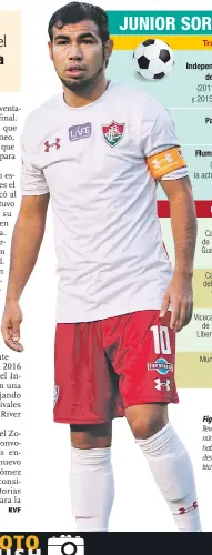  ??  ?? Figura. Junior Sornoza lleva la camiseta número 10 del Flu. Su habilidad ha sido destacada por el técnico Oliveira.