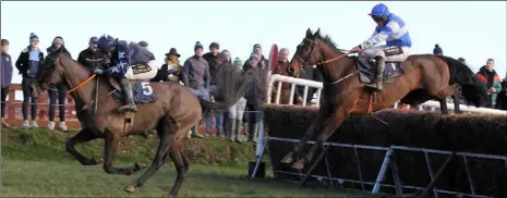  ??  ?? Beatthebul­let, ridden by Jamie Codd, winning The BHA Constructi­on & Ballyhuska­rd winner of two race from Ballymorri­s Rose, with Rob James on board, at Ballinagor­e Harriers point-to-point at Ballycryst­al, Kiltealy, on Sunday.