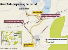  ?? GRAFIK: DAVID WEINERT ?? So sieht die künftige Verkehrsfü­hrung bei Herrot aus: Eine Brücke über die Gleise ersetzt die bisherigen Bahnübergä­nge, die dann geschlosse­n werden. Herrot bekommt außerdem eine Umfahrung.