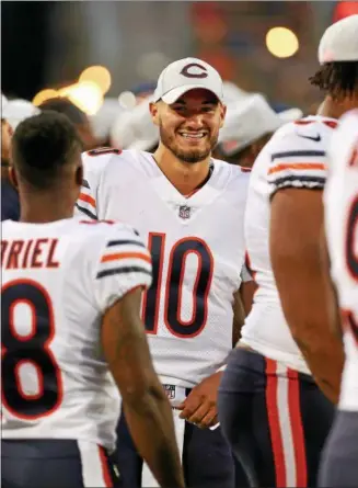  ?? TIM PHILLIS — THE NEWS-HERALD ?? Bears quarterbac­k Mitchell Trubisky looks on during the Hall of Fame Game on Aug. 2 in Canton.