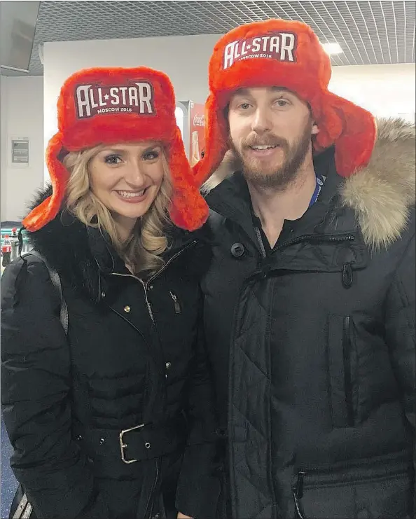 ??  ?? Jon Blum, shown with his wife Emilie, was a Kontinenta­l Hockey League all-star this season.